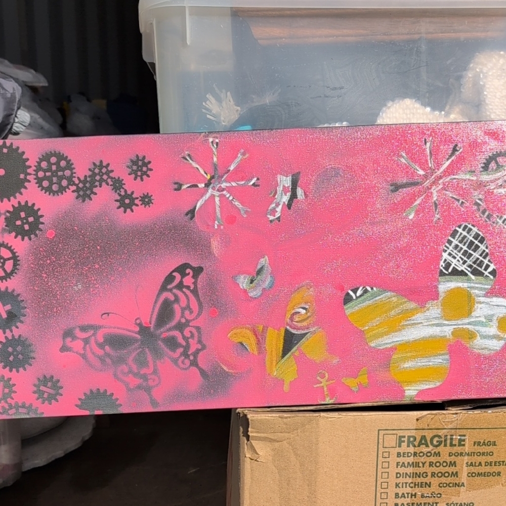 Abstract Pink and Yellow Butterflies Canvas Art